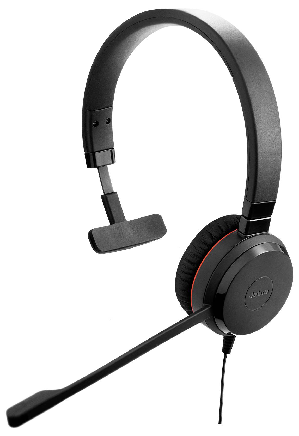 Ein schwarzes schnurloses Headset mit einem einzelnen Ohrkissen und verstellbarem Kopfbügel, mit Boom-Mikrofon und dem Markenlogo an der Seite.
