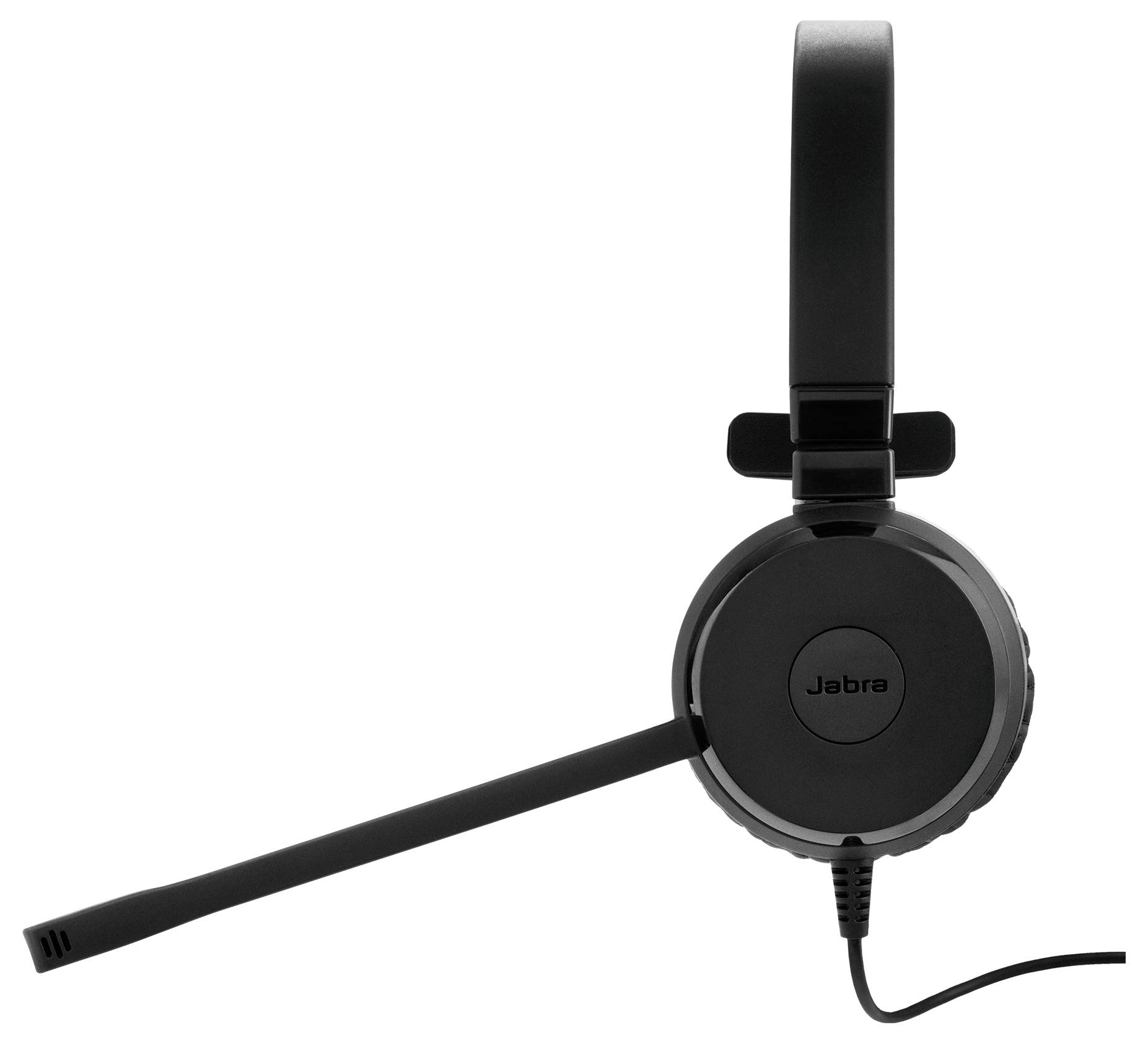 Ein schwarzes Jabra-Headset mit verstellbarem Mikrofon und Kabelverbindung.