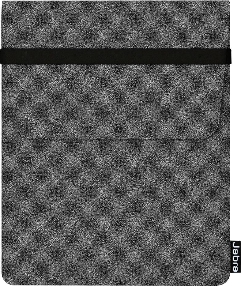 Eine grau strukturierte Tablet-Schutzhülle mit einem schwarzen Gummiband oben. Das Etikett in der Ecke trägt die Aufschrift „Jabra".