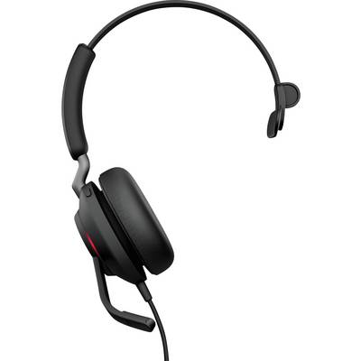 Ein schwarzes, einseitiges Headset mit Mikrofonausleger wird auf weißem Hintergrund gezeigt und hebt sein elegantes Design und verstellbare Funktionen hervor.