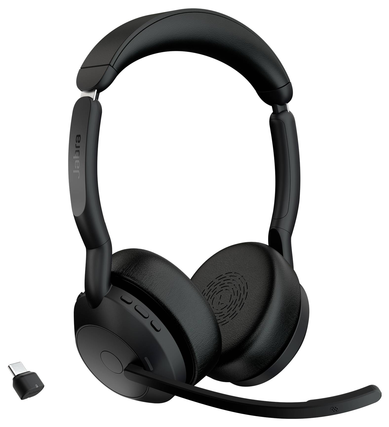 Schwarzes Over-Ear-Wireless-Headset mit Boom-Mikrofon und kleinem USB-Dongle daneben abgebildet, wahrscheinlich für Anrufe oder Gaming.