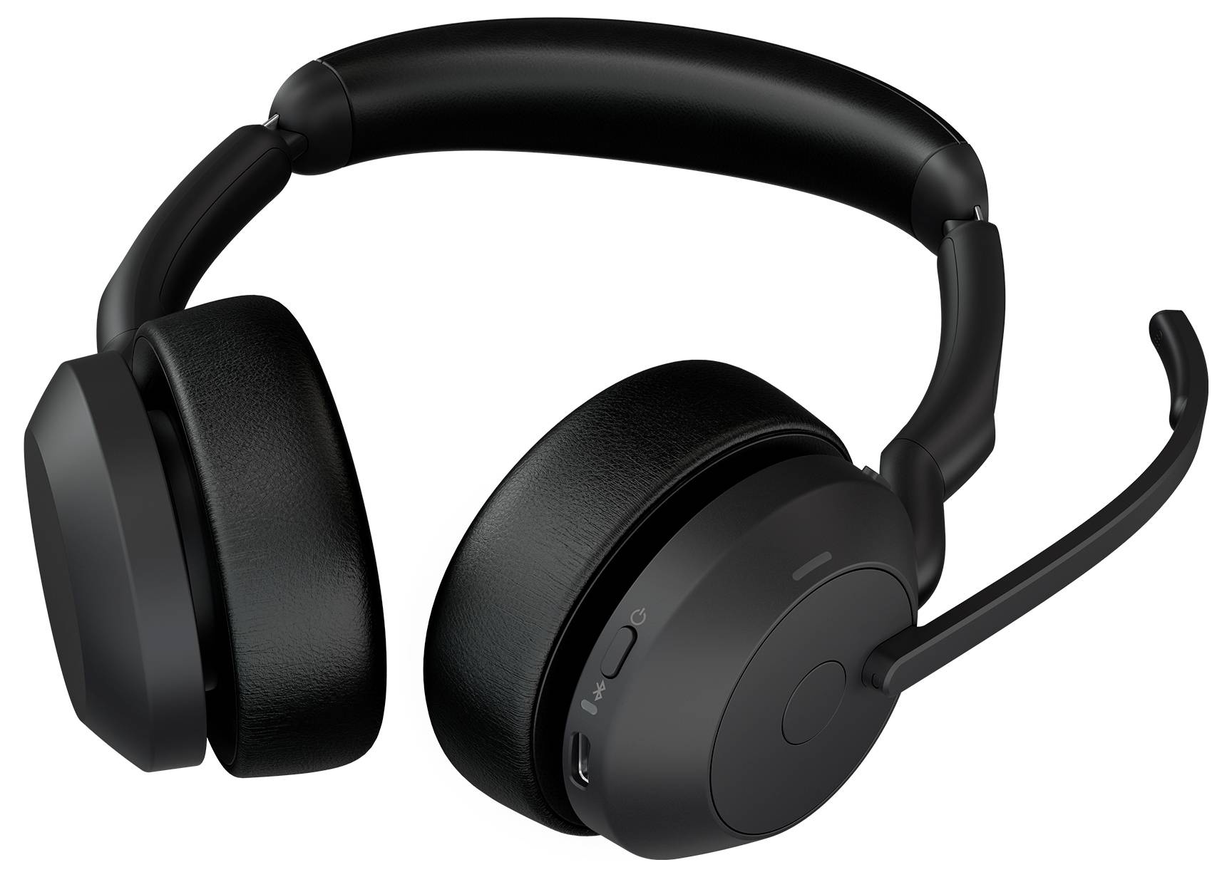 Schwarzes Over-Ear-Gaming-Headset mit gepolsterten Ohrmuscheln und angebrachtem Boom-Mikrofon auf weißem Hintergrund.
