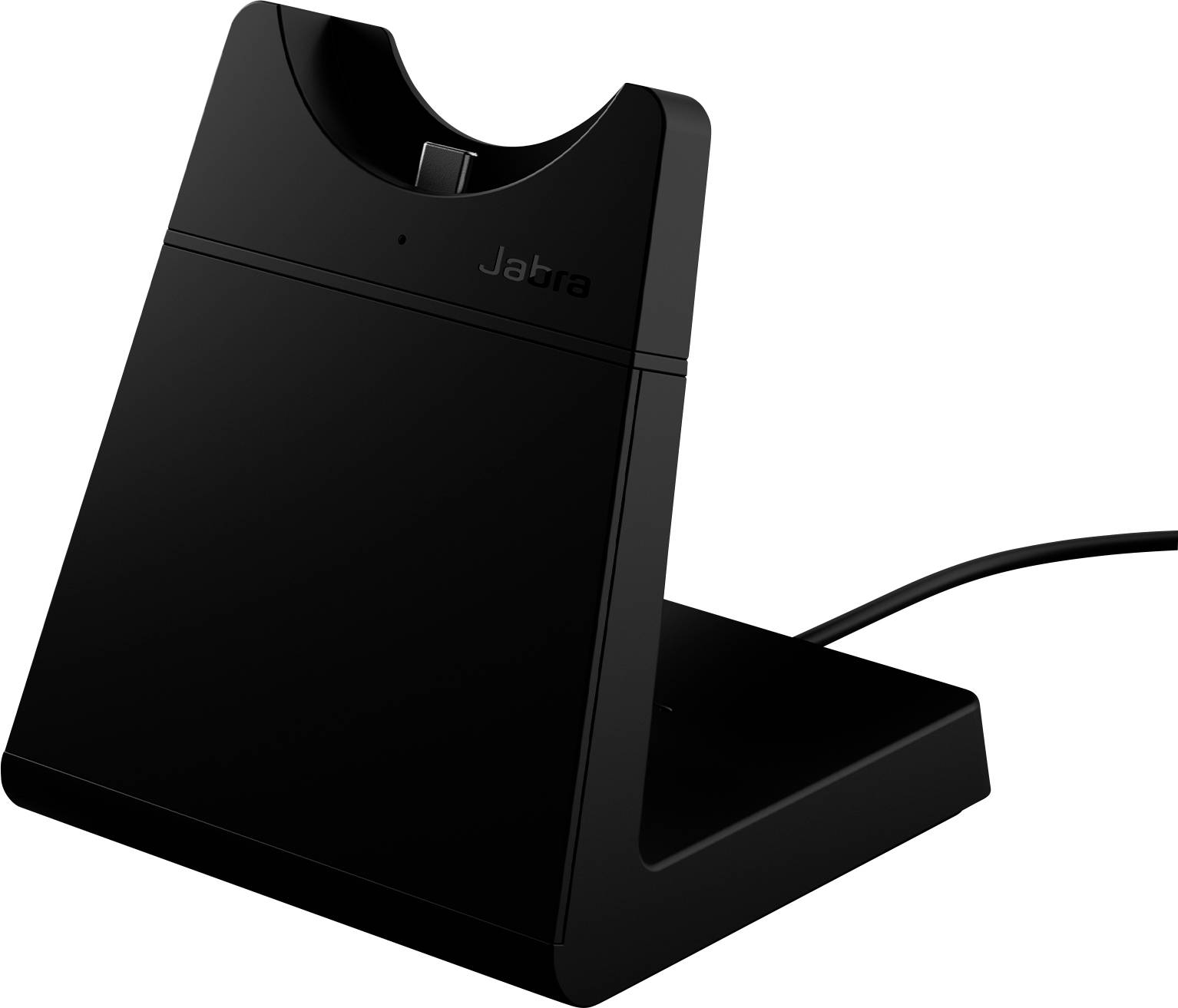 Ein eleganter, schwarzer Ständer, der speziell dazu entwickelt wurde, ein Jabra-Headset zu halten und aufzuladen. Er verfügt über ein subtiles Logo oben und ein angeschlossenes Kabel auf der rechten Seite.