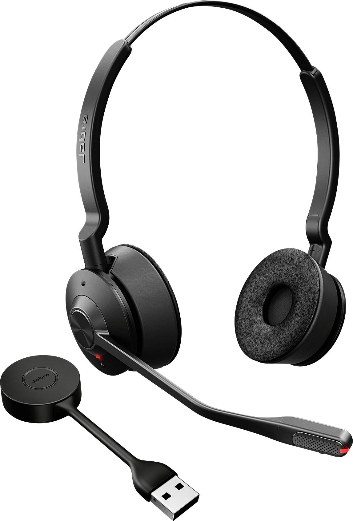 Ein schwarzes kabelloses Headset mit Mikrofon, begleitet von einem USB-Adapter.