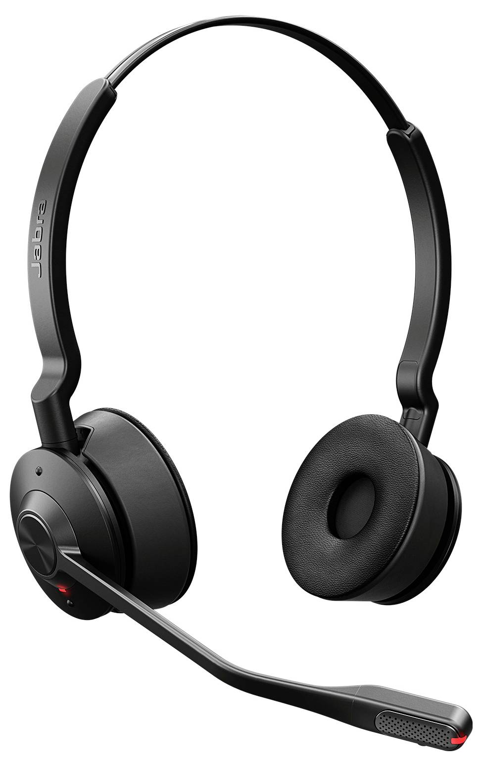 Schwarzes Over-Ear-Wireless-Headset mit Boom-Mikrofon, das am linken Ohrmuschel befestigt ist.