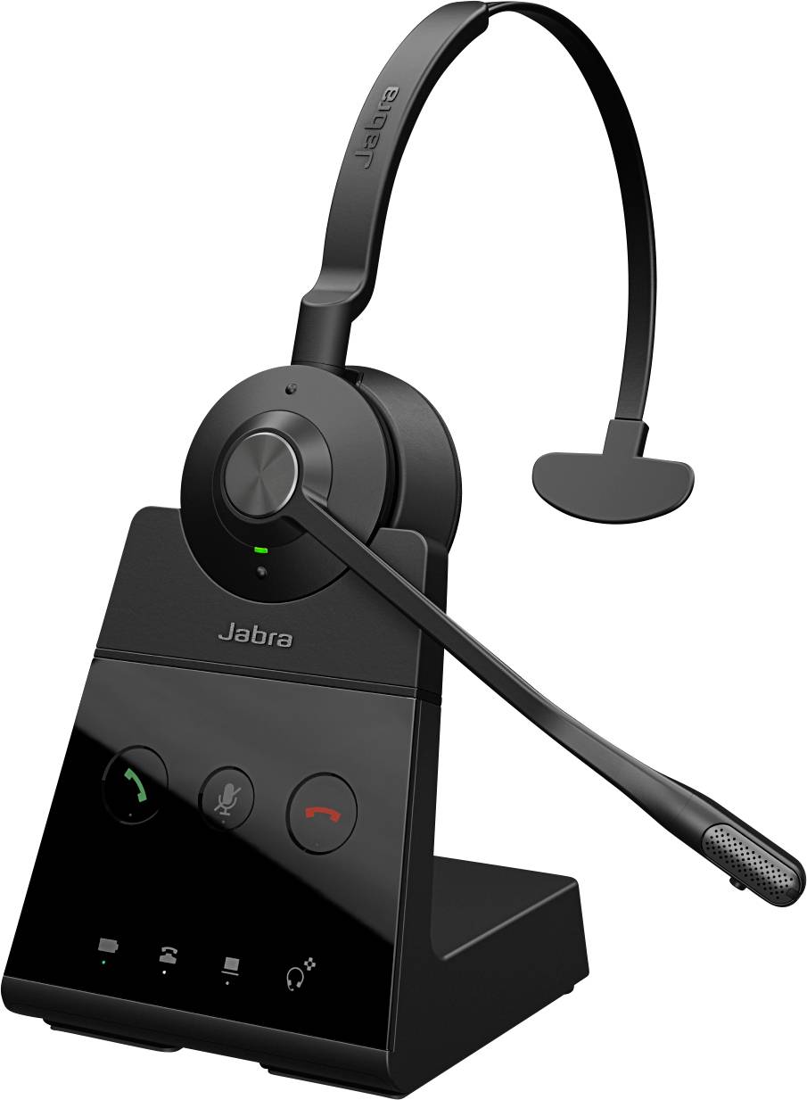 Kabelloses Headset mit Mikrofon auf einer Ladeschale, mit Anrufsteuerungstasten auf der Basis. Entwickelt für die Verwendung im Büro oder in Call Centern.