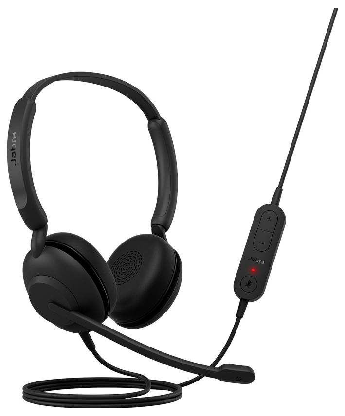 Schwarzes Headset mit Mikrofon und integrierten Bedienelementen, kabelgebundene Verbindung, mit Markenlogo auf dem Kopfbügel.