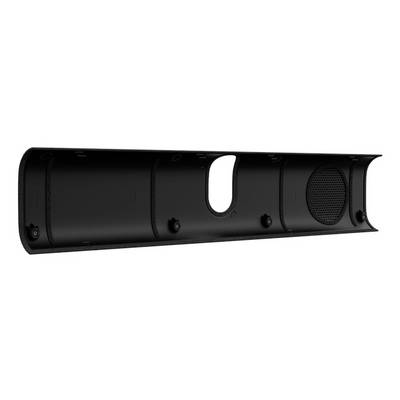 Schwarzer rechteckiger Soundbar-Lautsprecher mit einem zentralen Befestigungsschlitz und einem kreisförmigen Lautsprechergitter auf der rechten Seite, dargestellt auf weißem Hintergrund.