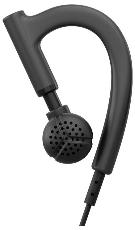 Ein schwarzes Over-Ear-Ohrhörer mit Haken-Design und perforiertem Lautsprecher.