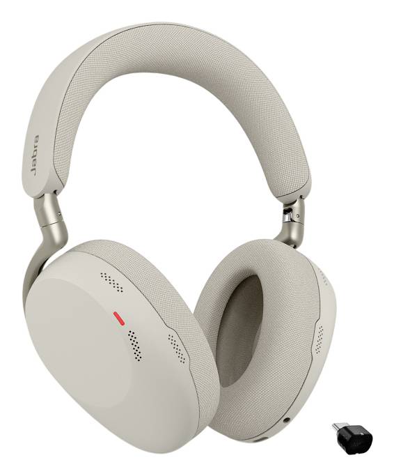 Beige kabellose Jabra Over-Ear-Kopfhörer mit gepolstertem Kopfbügel und Ohrmuscheln, gezeigt mit einem kleinen USB-Dongle.