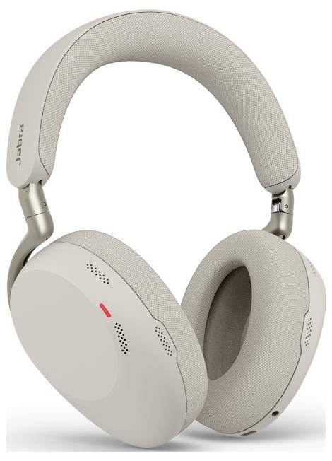 Beige Over-Ear-Kopfhörer von Jabra mit gepolstertem Kopfbügel und Ohrkissen, isoliert auf weißem Hintergrund dargestellt.