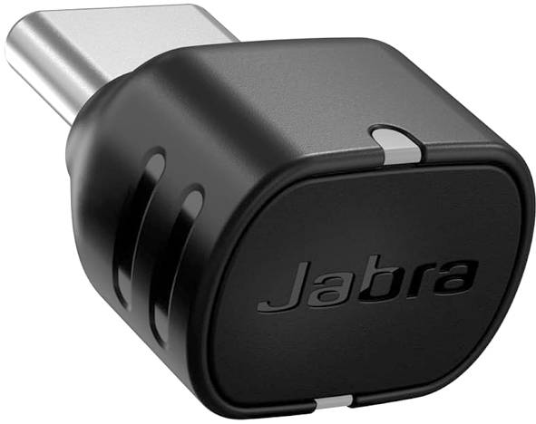 Schwarzer Jabra USB-Wireless-Adapter-Dongle mit silbernem Steckeransatz, gezeigt auf weißem Hintergrund.