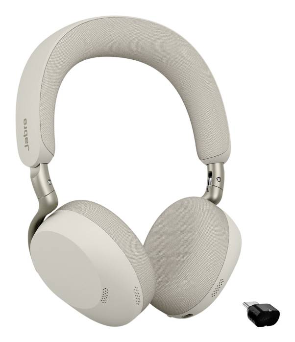 Beige Over-Ear-Kopfhörer mit passendem USB-Wireless-Dongle auf weißem Hintergrund.