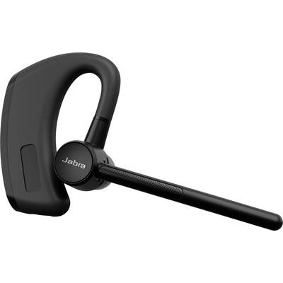Ein schwarzes Jabra Bluetooth-Headset mit Ohrbügel-Design und langem angebrachtem Mikrofon, entworfen für kabellose Kommunikation.