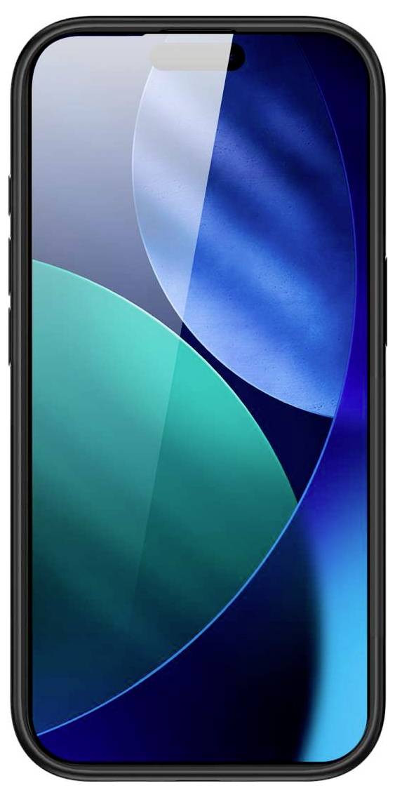 Vorderansicht eines Smartphones mit einem abstrakten blau-türkisfarbenen Hintergrundbild auf dem Bildschirm.