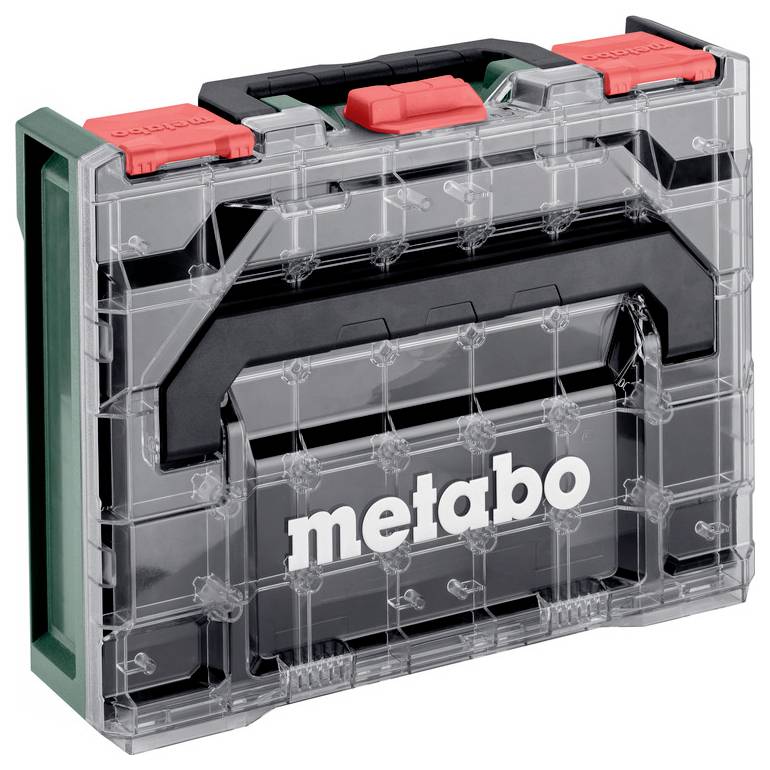 Eine durchsichtige Werkzeugkiste mit schwarzem Griff und der Aufschrift „metabo" auf der Vorderseite, ausgestattet mit roten und grünen Verschlüssen für sichere Verschließung.