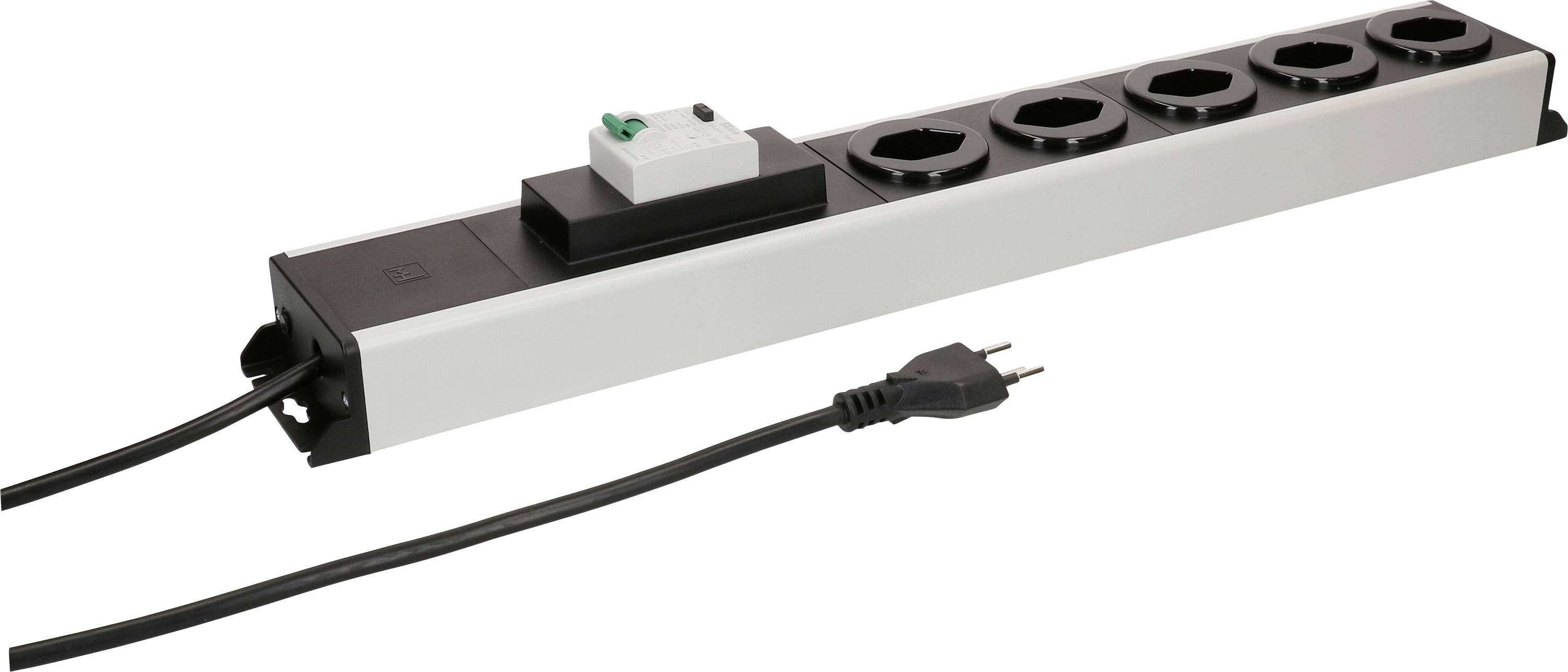 Steckerleiste mit fünf schwarzen Steckdosen und einem zweipoligen Stecker.