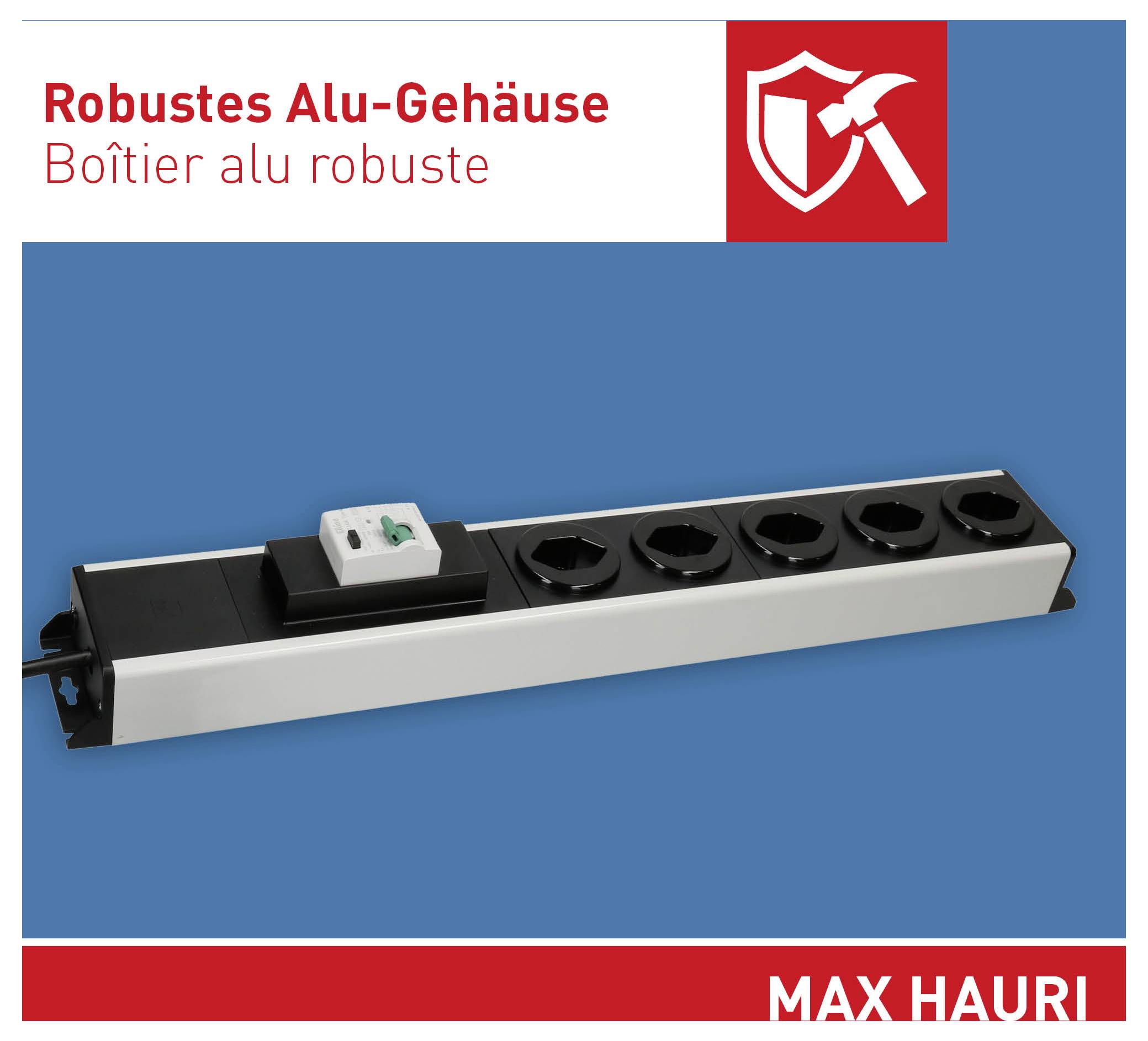 Eine Steckerleiste mit mehreren Steckdosen und einem Schalter wird vor blauem Hintergrund gezeigt. Der Text lautet „Robustes Alu-Gehäuse" und „Boîtier alu robuste".