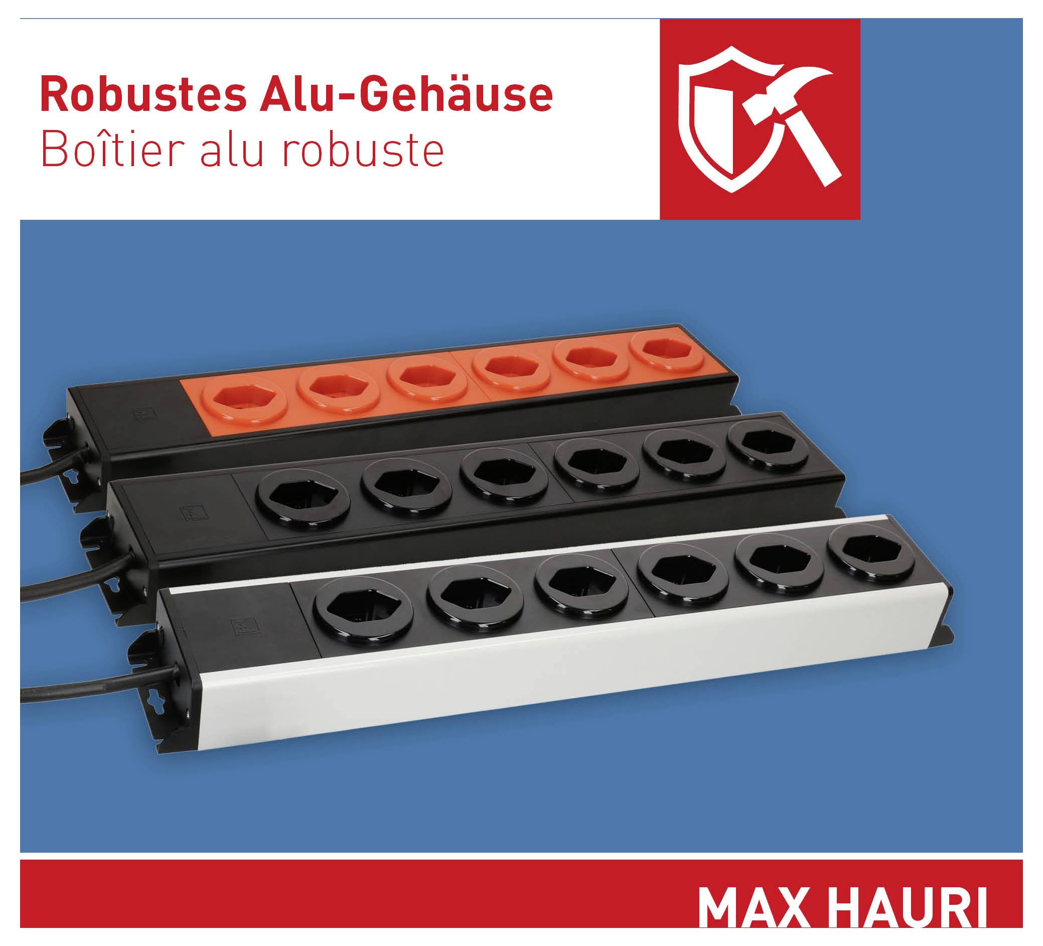 Eine Steckdosenleiste mit robustem Aluminiumprofil mit acht Steckdosen in rot-schwarzem Design, gekennzeichnet mit 'MAX HAURI'.