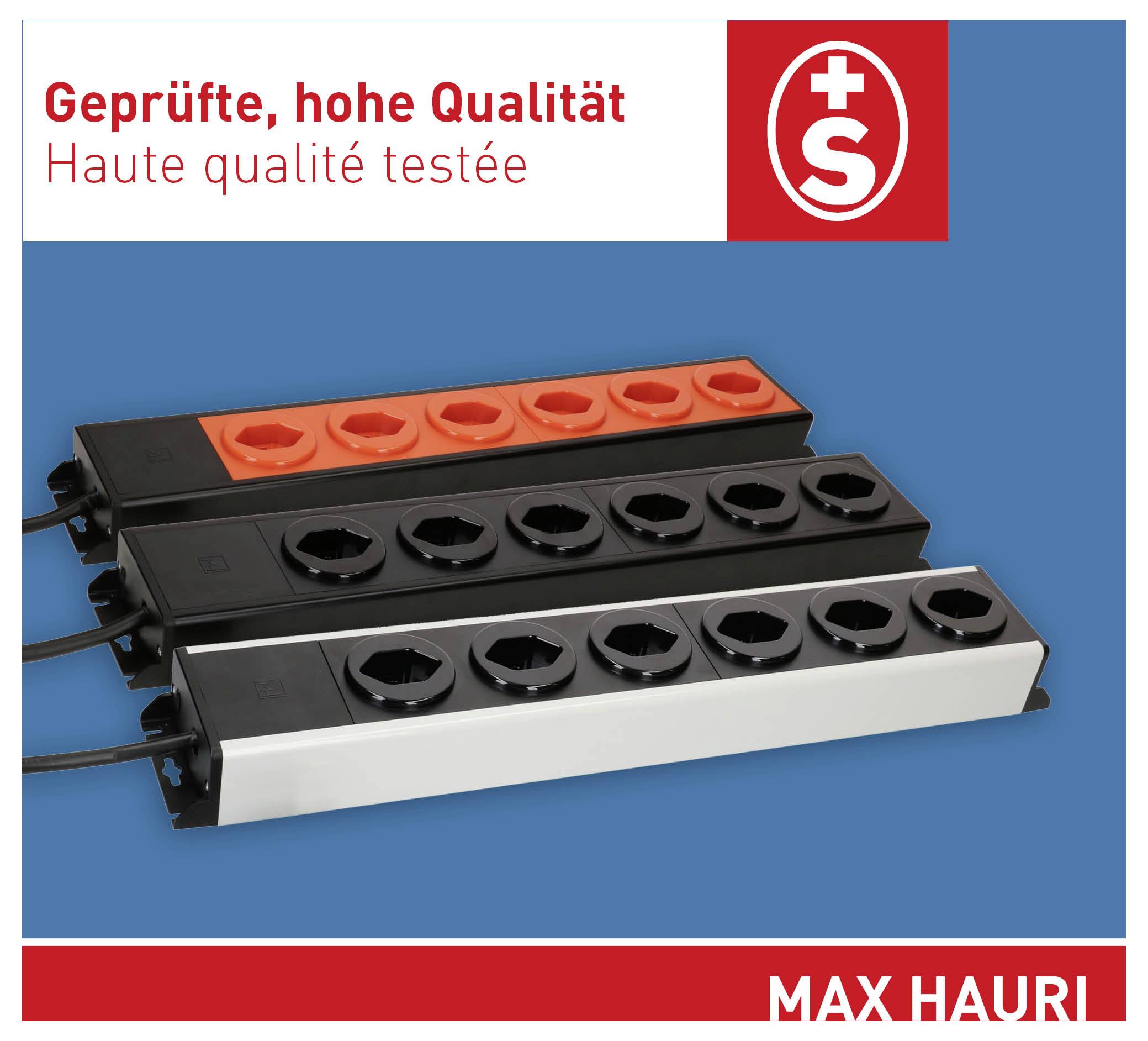 Ein Satz von drei Steckdosenleisten in Schwarz, Rot und Grau mit mehreren Buchsen. Der Text lautet „Geprüfte, hohe Qualität" und „MAX HAURI".