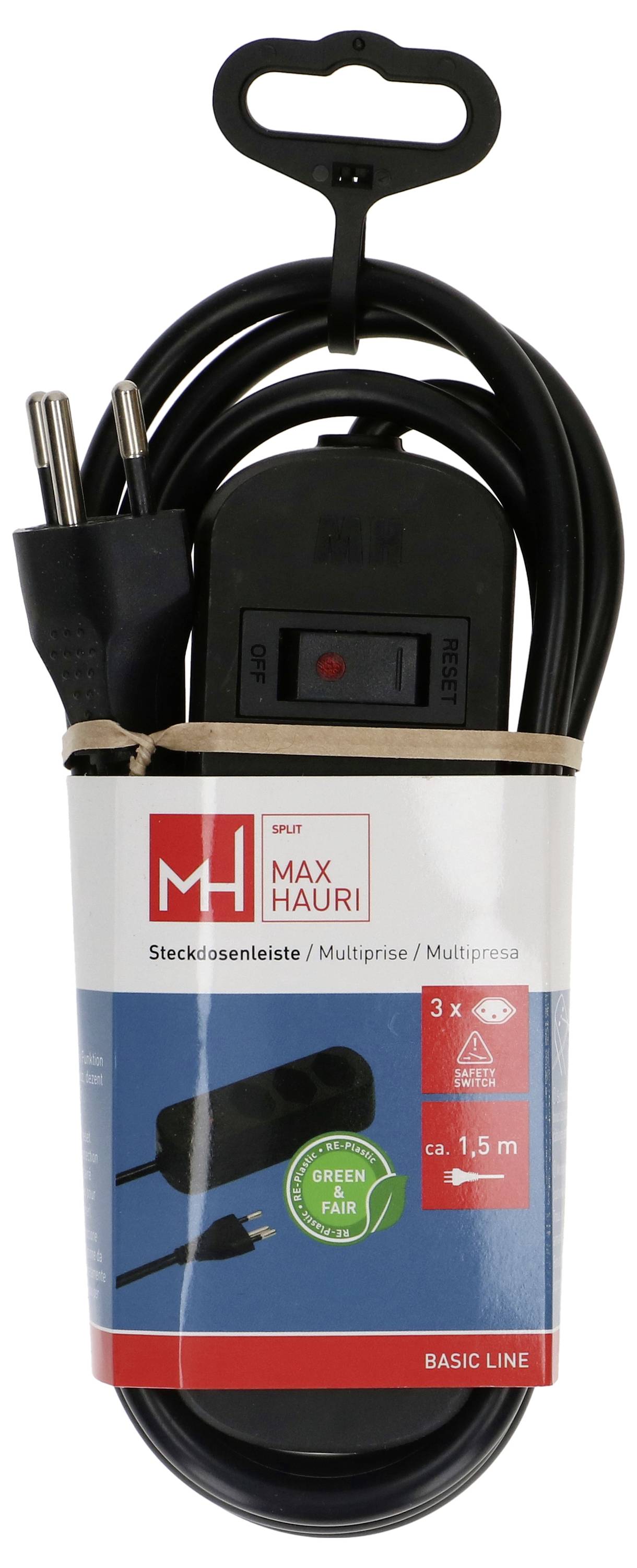 Ein schwarzes Steckerleisten mit drei Steckdosen und einem 1,5-Meter-Kabel, verpackt mit einem Etikett mit der Aufschrift „Max Hauri" und „Basic Line".