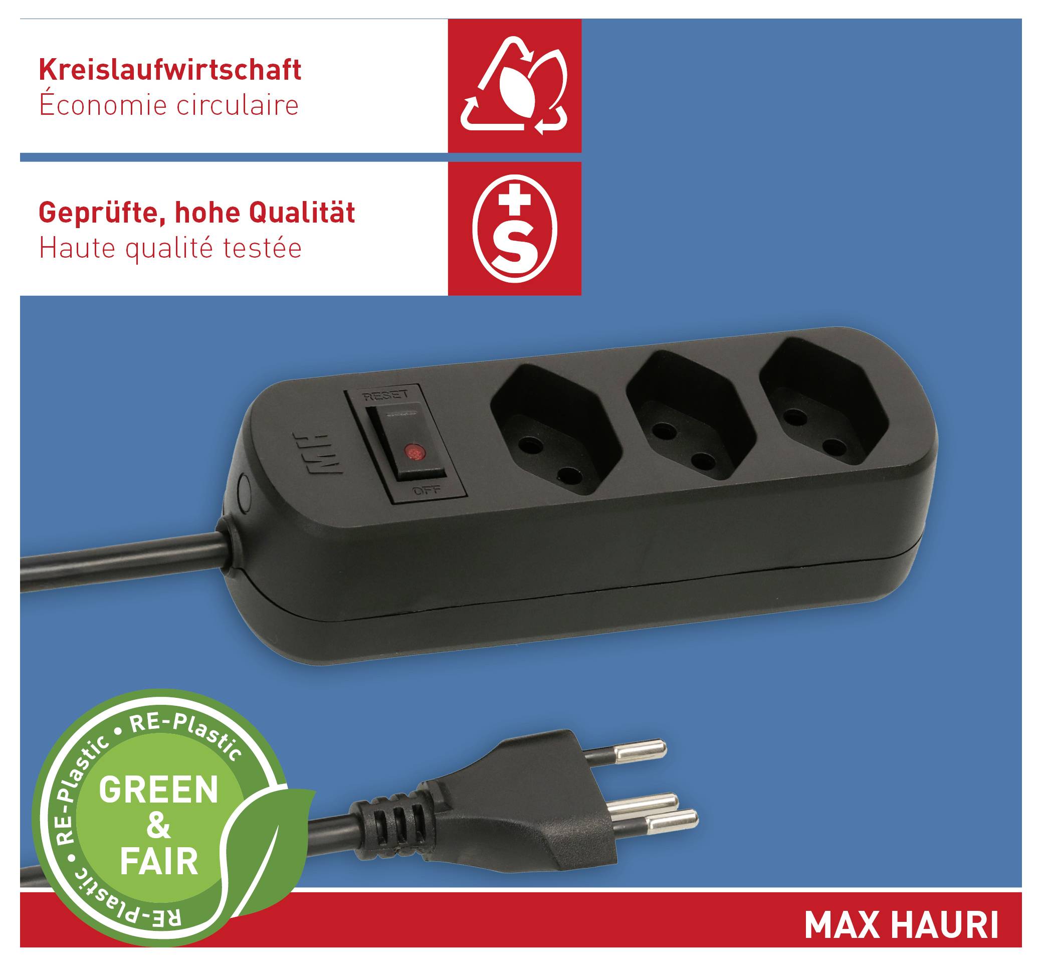 Eine dreifach-Steckdosenleiste in Schwarz mit Schalter und angebrachtem EU-Stecker. Die Beschriftungen betonen Kreislaufwirtschaft und zertifizierte Hochqualität.