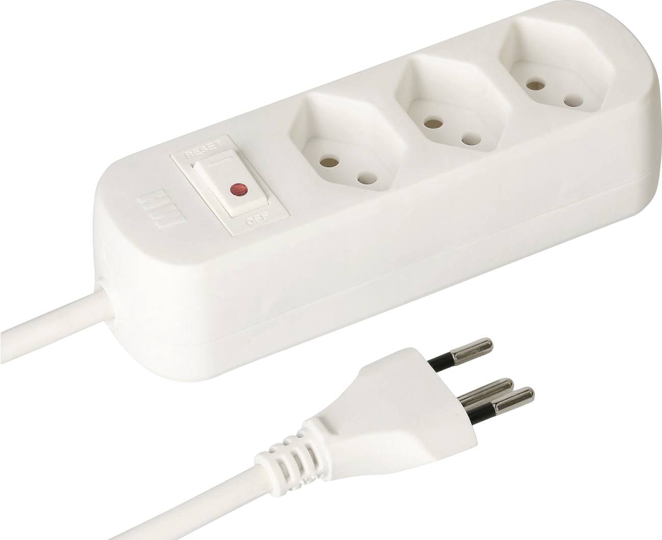 Eine weiße Steckerleiste mit drei europäischen Steckdosen und einem Stecker, ausgestattet mit einem Ein-/Ausschalter mit roter Kontrollleuchte.