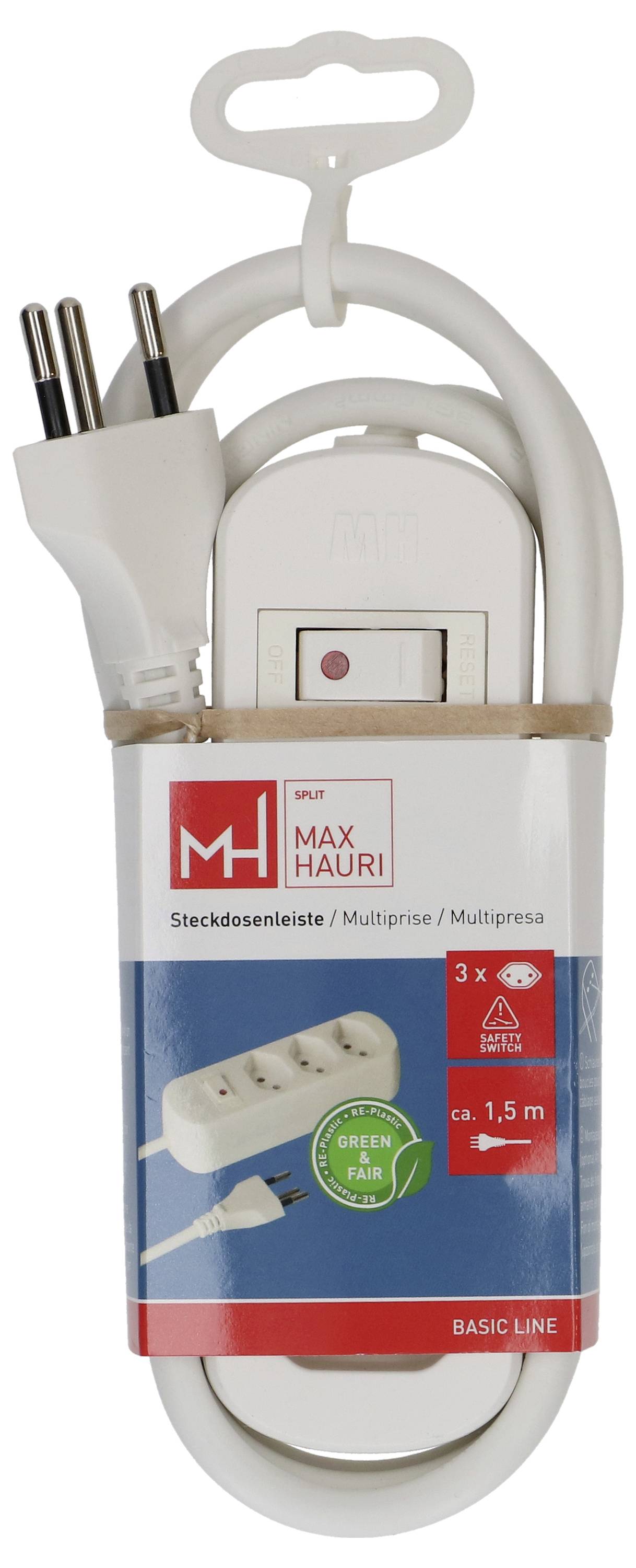 Weiße Steckerleiste der Marke „Max Hauri" mit drei Steckdosen und einem 1,5-Meter-Kabel, verpackt und gekennzeichnet als Teil der „Basic Line".