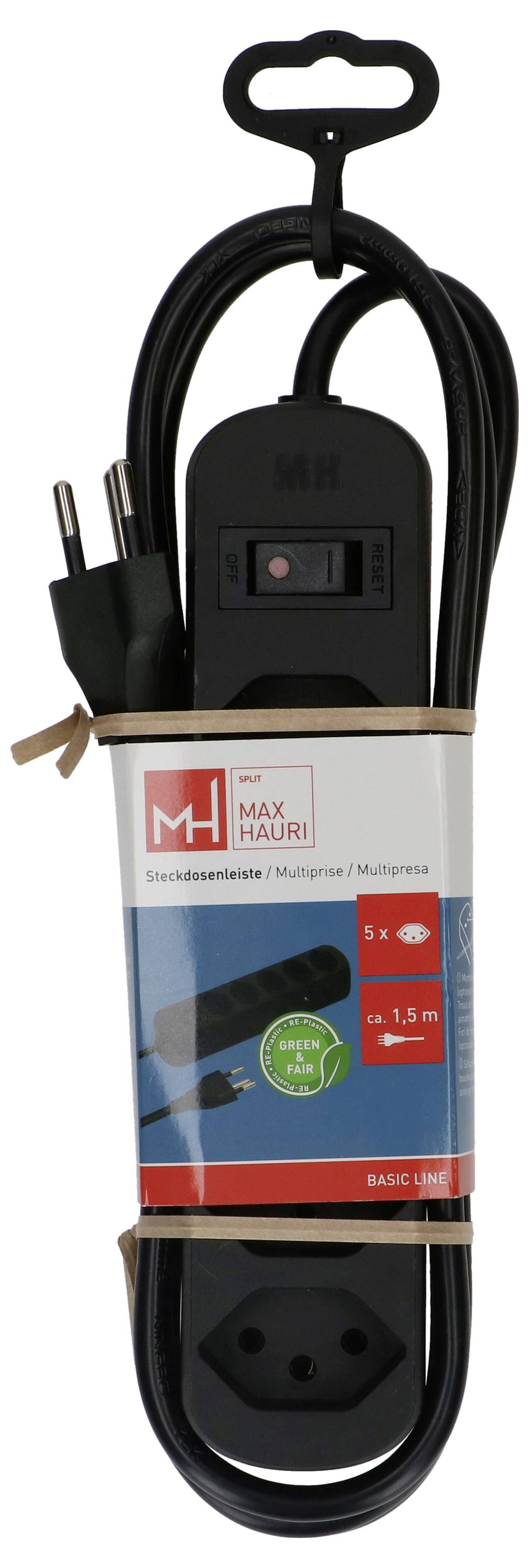 Ein schwarzes Max Hauri Stromverteiler mit europäischem Stecker und fünf Steckdosen, verpackt in Originalverpackung. Geeignet für die Verwendung im Innenbereich, Kabellänge 1,5m.