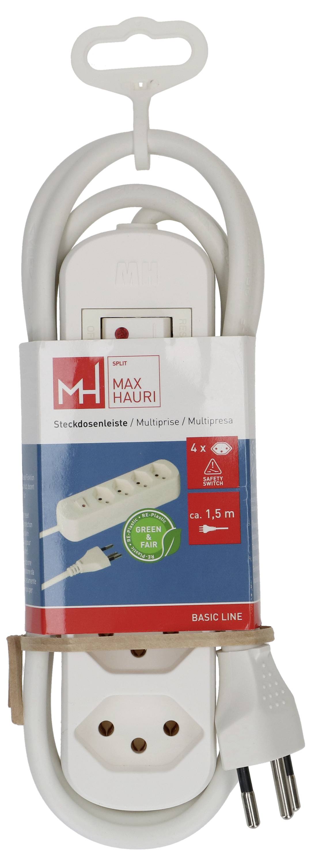 Steckerleiste 'Max Hauri Basic Line' mit vier Steckdosen und einem 1,5 m langen Kabel, verpackt in einer blau-roten Verpackung mit Produktdetails.