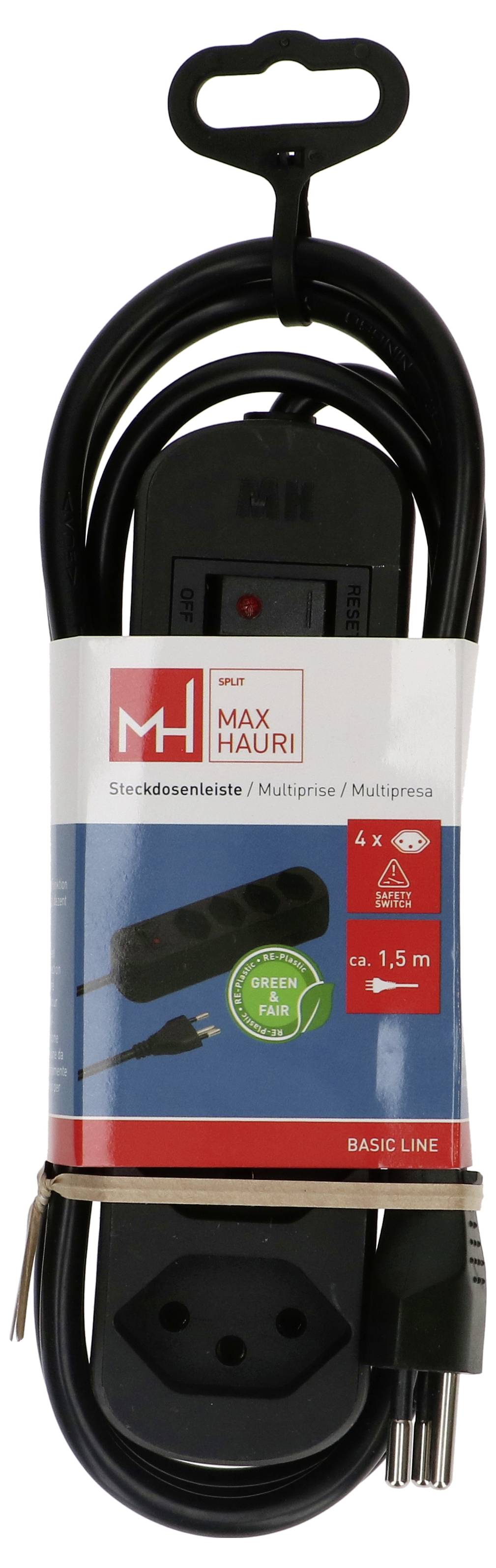Mehrfachsteckdose mit vier Steckdosen an einem schwarzen Kabel, verpackt mit einem Etikett mit "MAX HAURI"-Branding und Produktdetails.