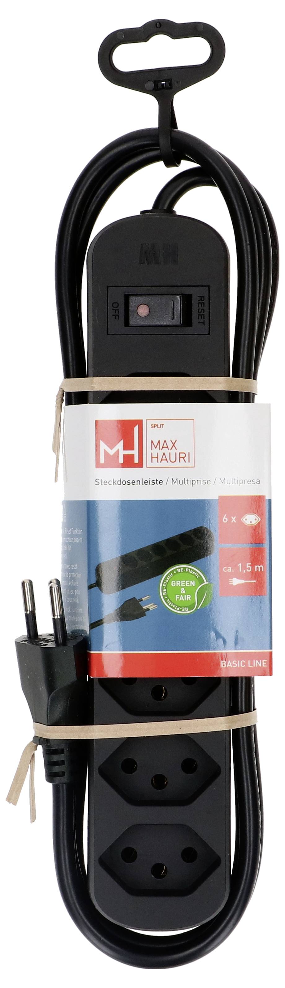 Schwarze Steckdosenleiste mit drei Steckdosen und einem roten Schalter. Verfügt über ein Etikett mit der Marke „Max Maurr", ein 1,5-m-Kabel und einen Stecker.