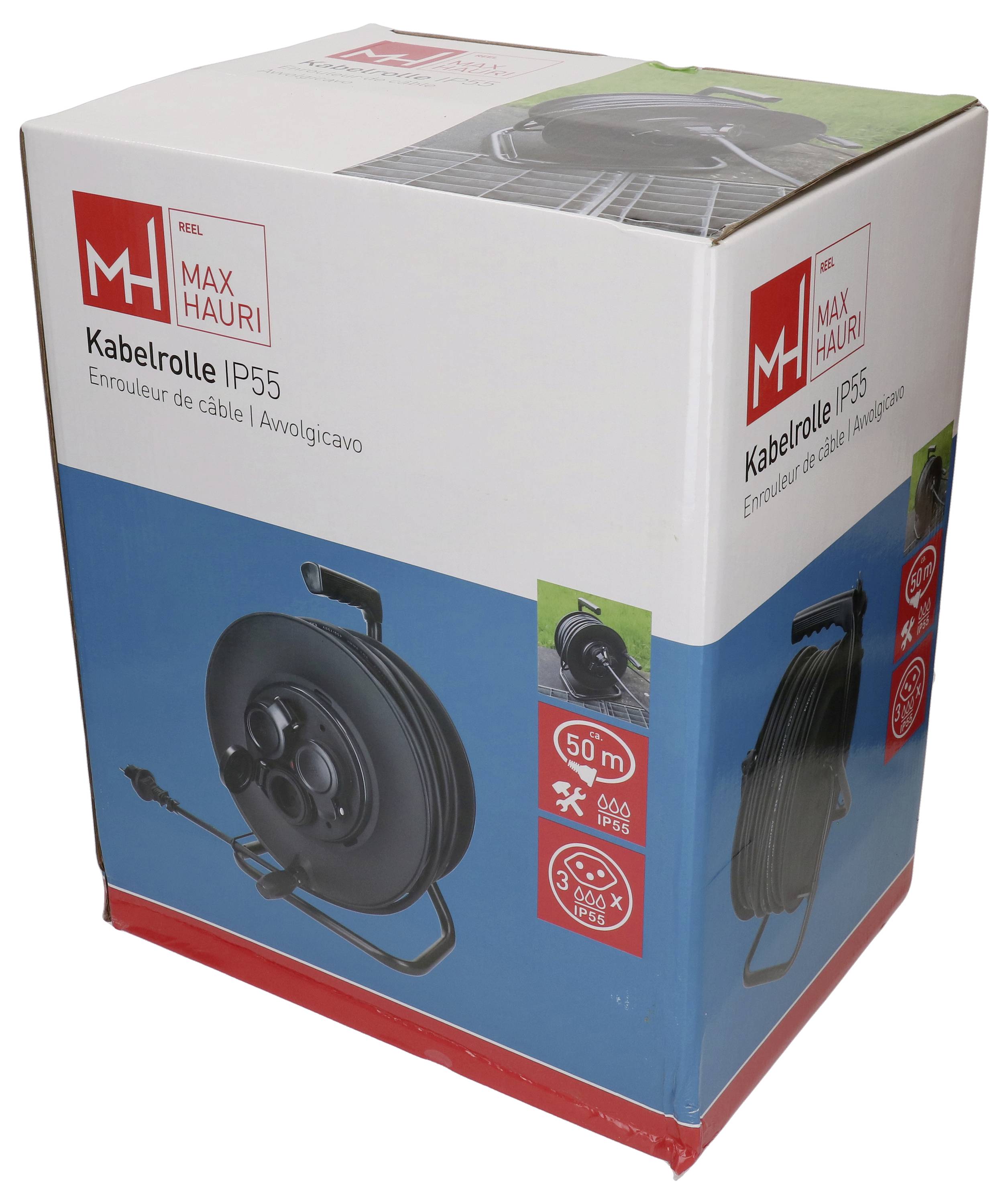 Box mit einer 50-Meter Max Hauri Kabelrolle, Modell Kabelrolle IP55, geeignet für den Außenbereich. Die Verpackung zeigt Produktabbildungen und Sicherheitssymbole.