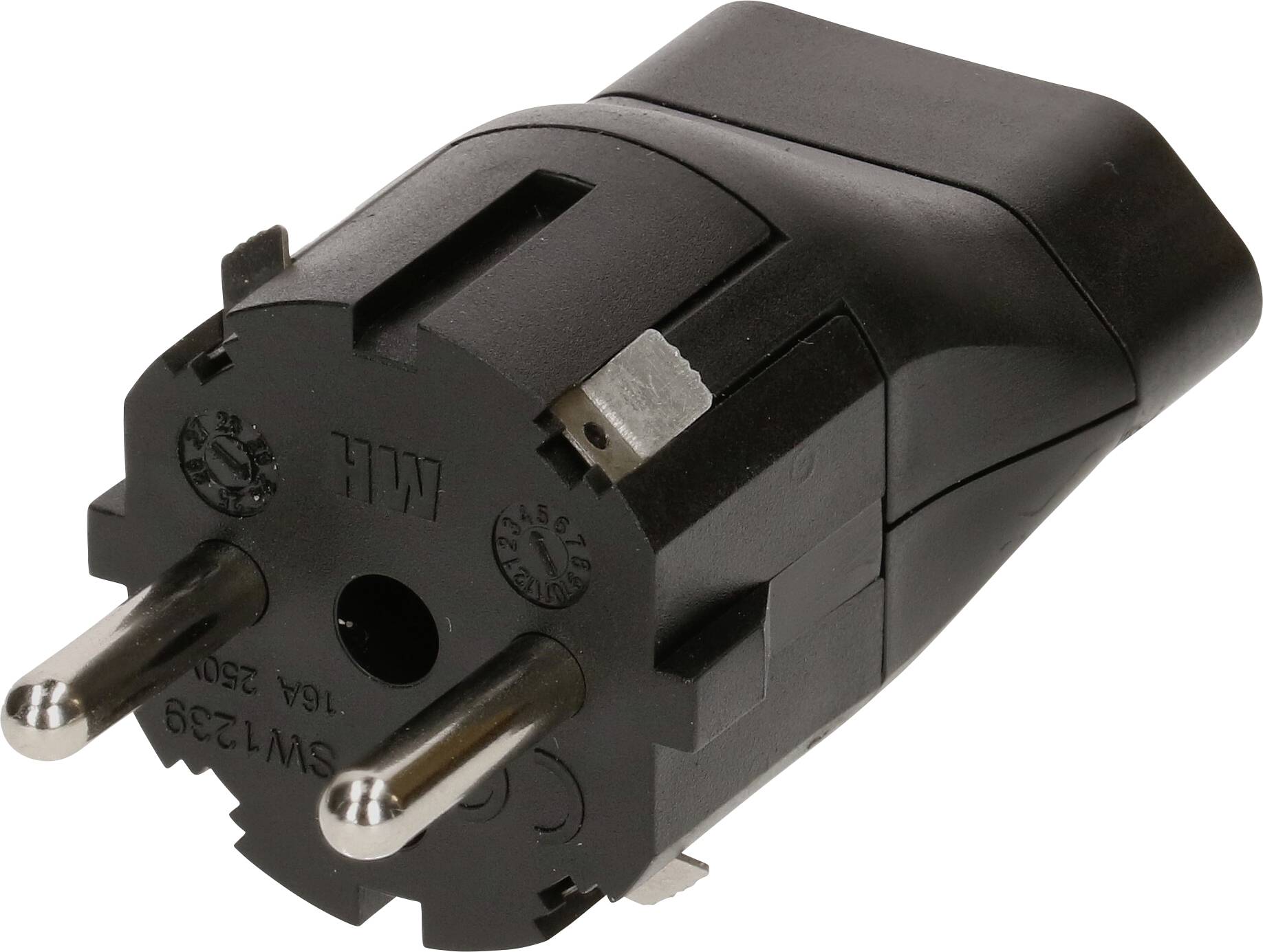 Europäischer Stecker Typ F, schwarz, mit zwei runden Stiften und elegantem Design.