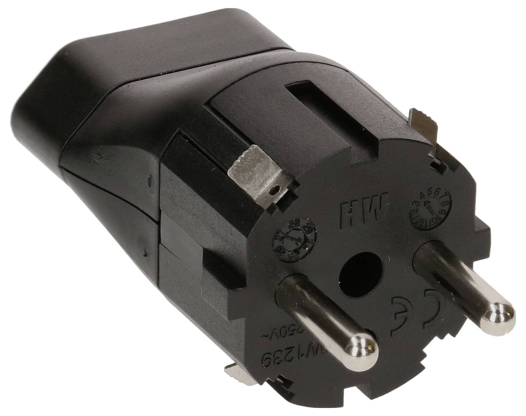 Ein schwarzer europäischer Stromanschlussadapter mit zwei Metallstiften, der Sicherheitsmarkierungen und einen Teil seines Kunststoffgehäuses zeigt.