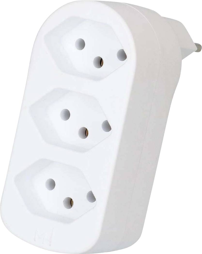 Ein weißer dreifach-Steckdosenadapter mit sechseckigem Design, ausgelegt zum Einstecken in eine Standard-Wandsteckdose.