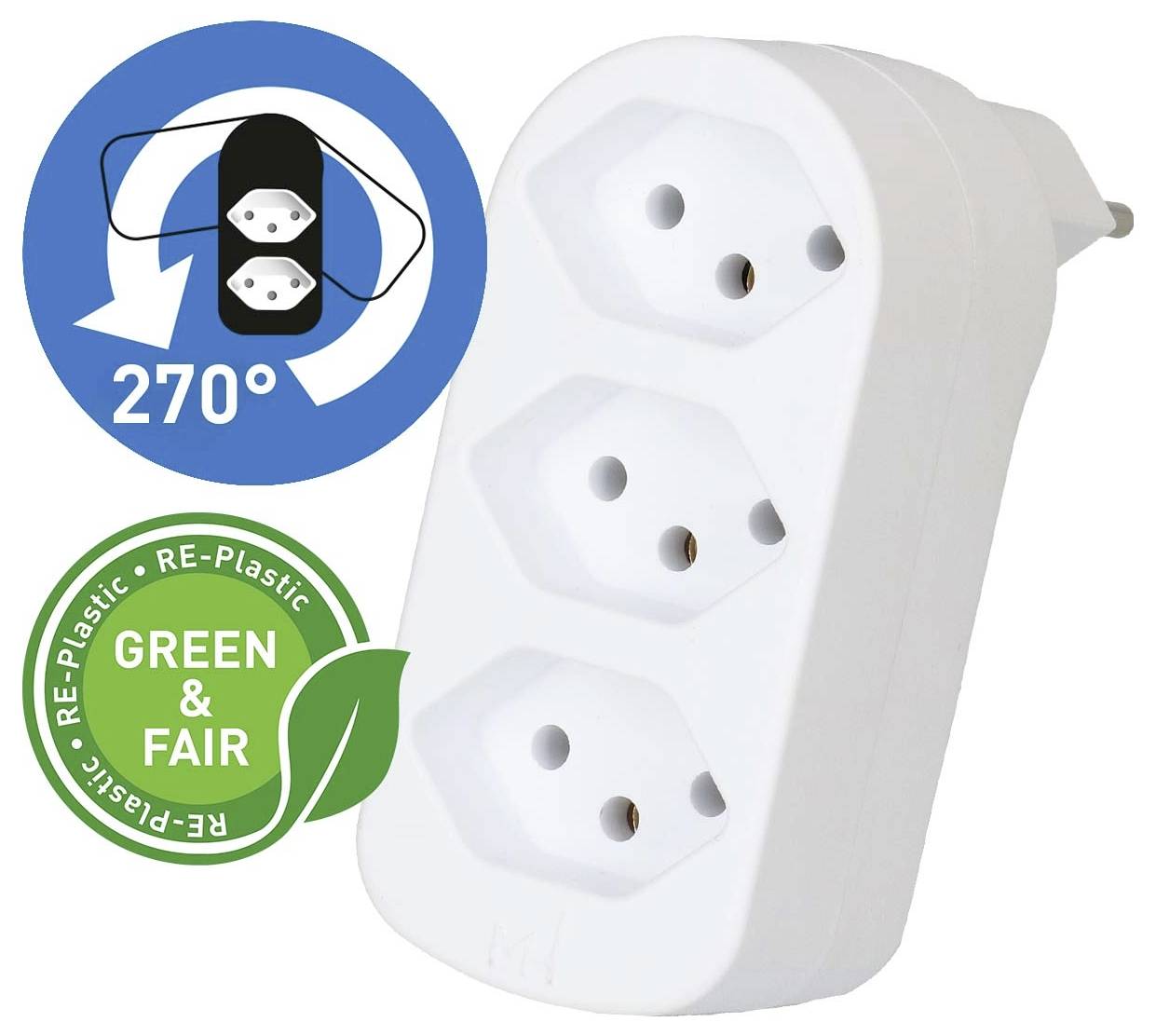 Ein weißer Drei-Steckdosen-Steckdosenadapter mit einem Diagramm, das eine Rotationsfunktion von 270° und ein Etikett „Green & Fair RE-Plastic" zeigt.