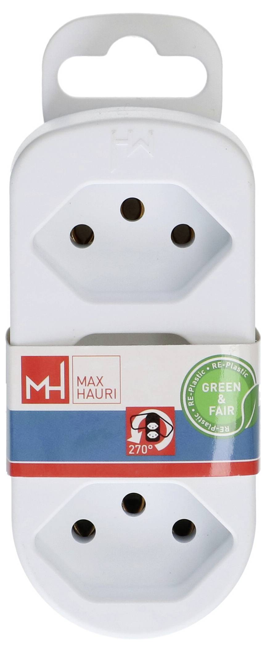 Doppelter weißer Stecker-Adapter mit symmetrischem Design, mit einem „Green & Fair"-Label. Konzipiert für europäische Steckdosen.