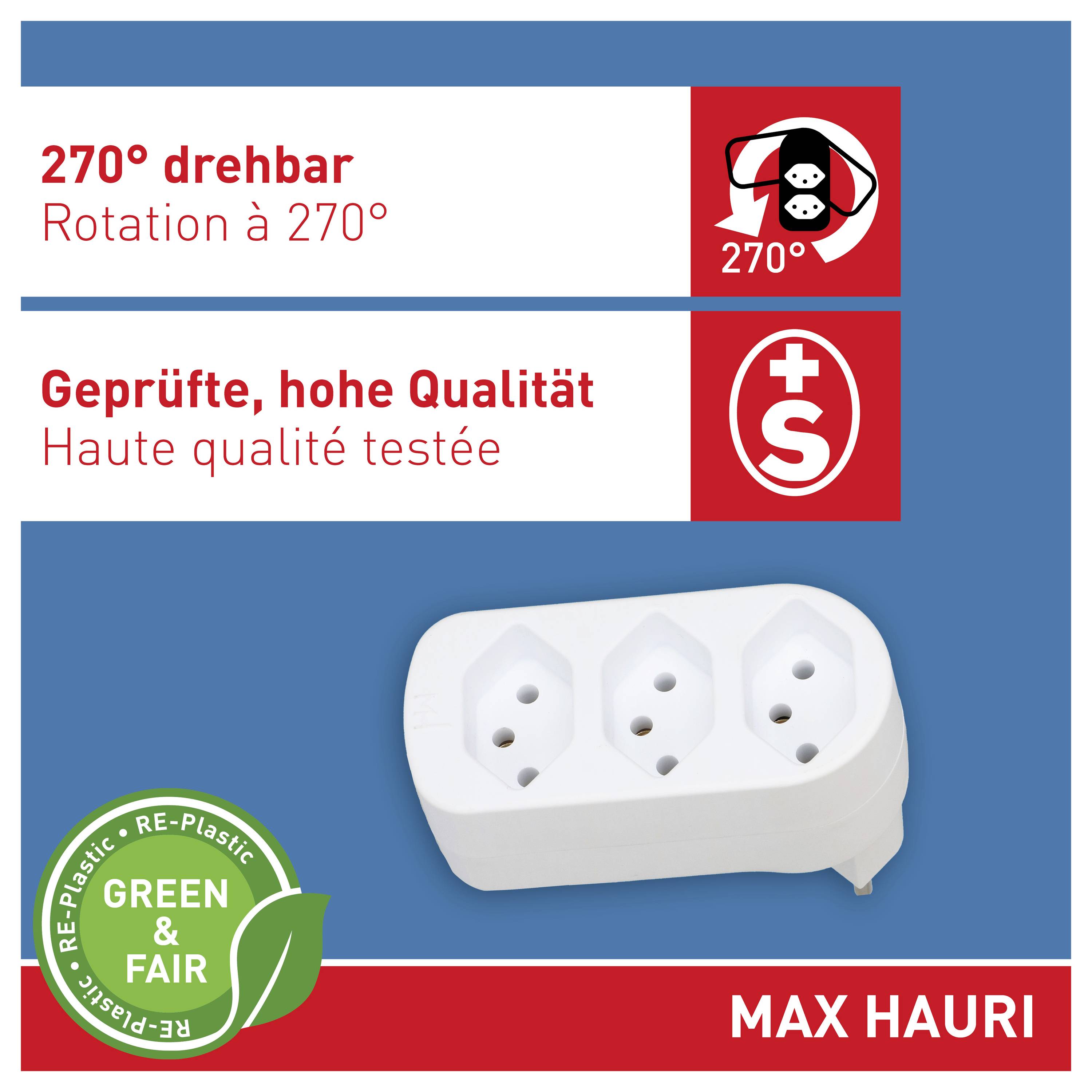 Ein Dreifach-Steckdosenleiste mit 270°-Rotationsfunktion, gekennzeichnet mit „Geprüfte, hohe Qualität" auf Deutsch und „Haute qualité testée" auf Französisch.
