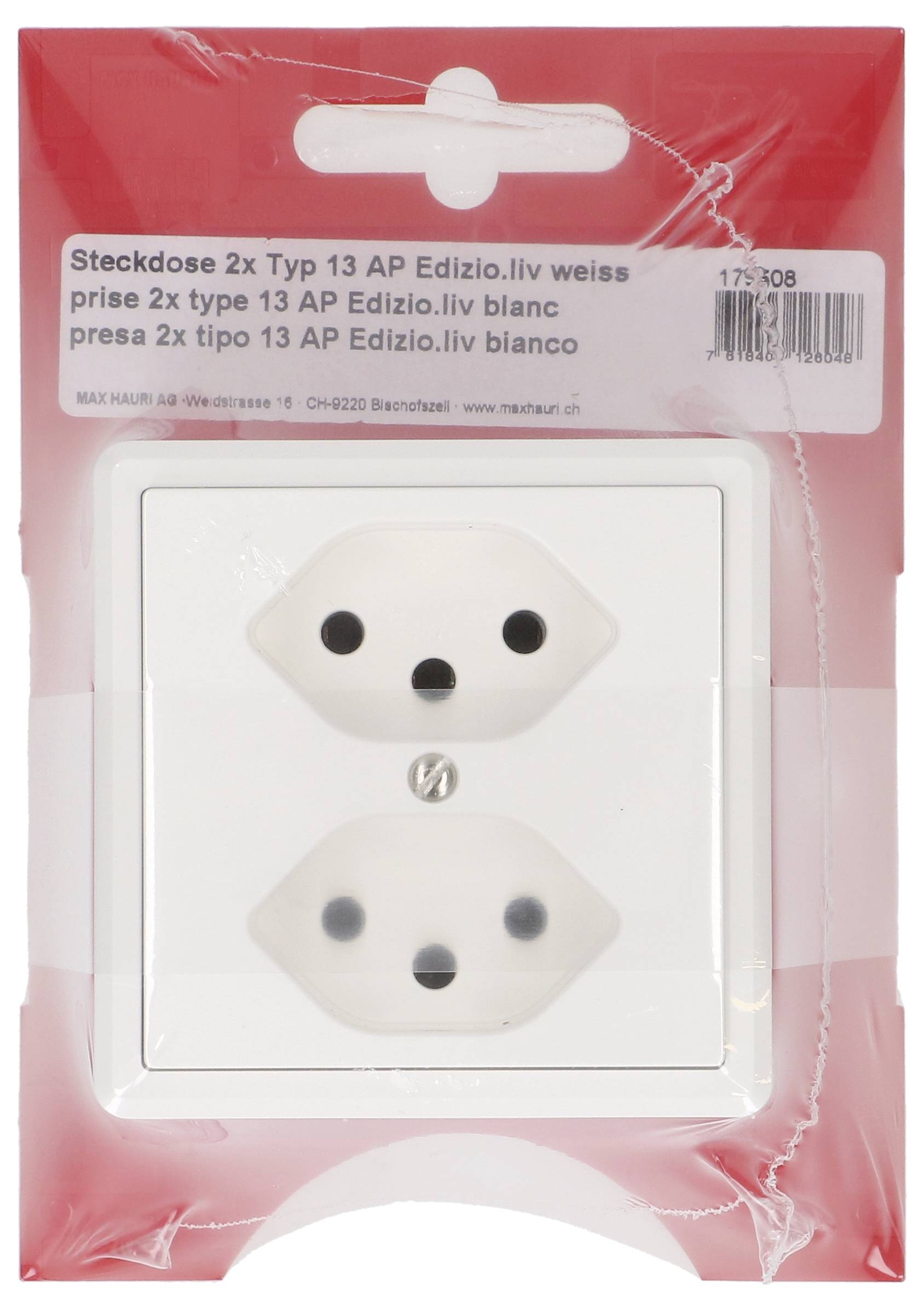 "Edizio.liv Typ 13" weiße Doppelsteckdose in Originalverpackung, gekennzeichnet mit Produktinformationen in mehreren Sprachen.