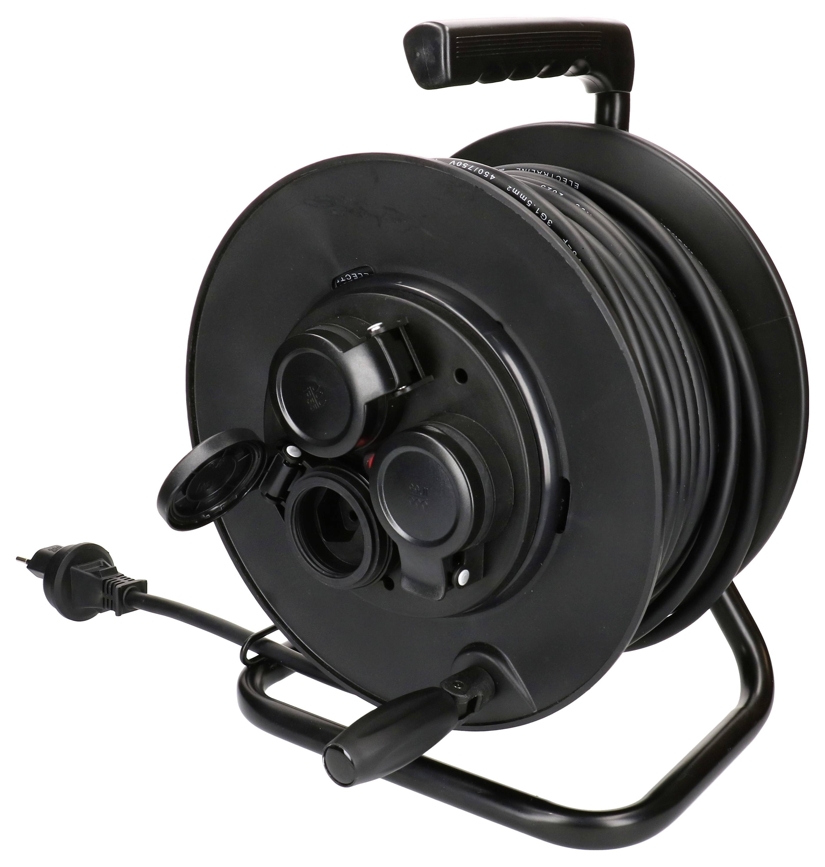 Eine schwarze Kabelrolle mit mehreren Steckdosen und einem Griff zum einfachen Transport. Das Kabel ist auf der Rolle aufgewickelt und einsatzbereit.