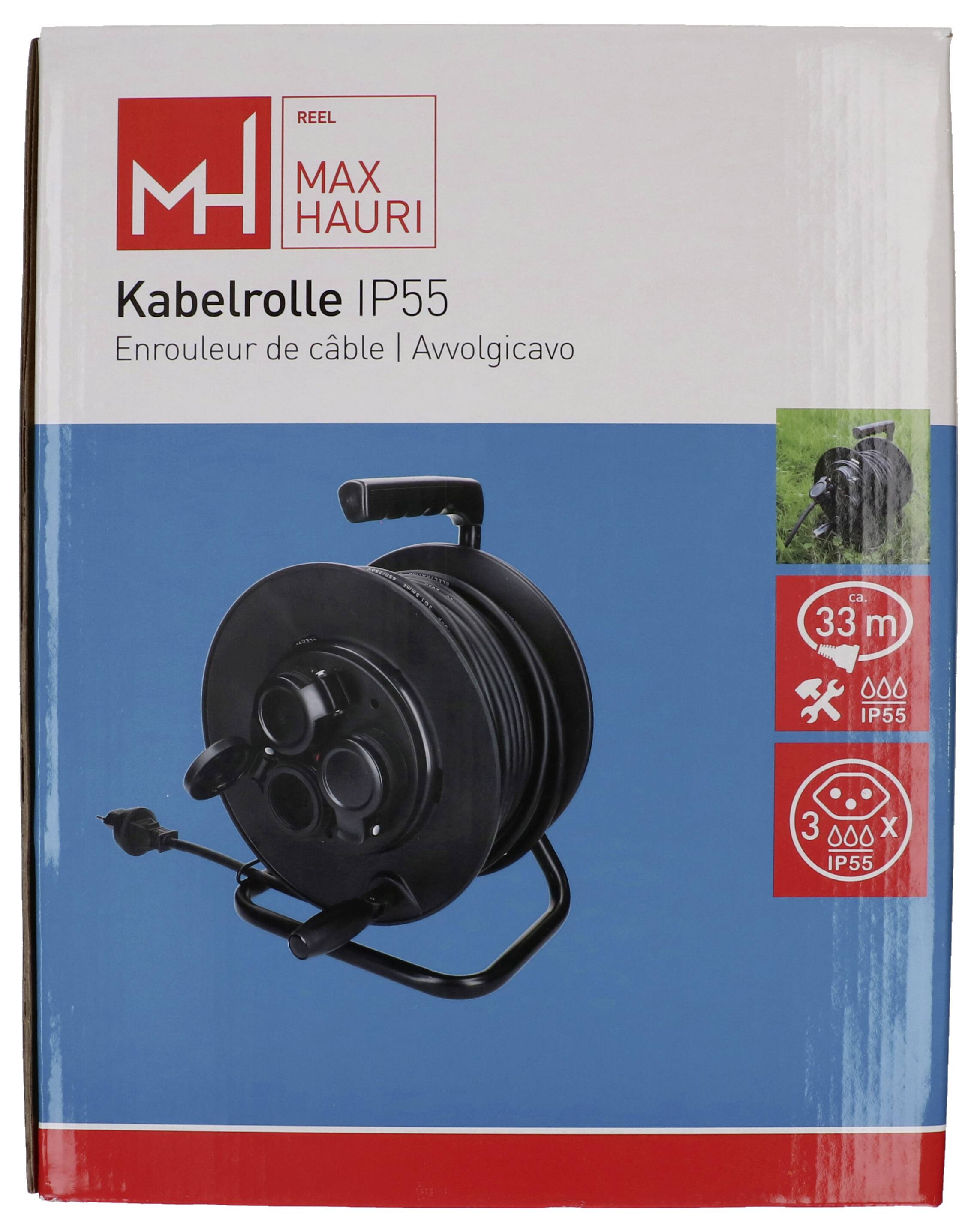 Kasten mit einer Kabelrolle mit Griff mit der Bezeichnung „Kabelrolle IP55." Bemessen für 33m, 600 IP55, und mit drei Steckdosen IP55 ausgestattet.