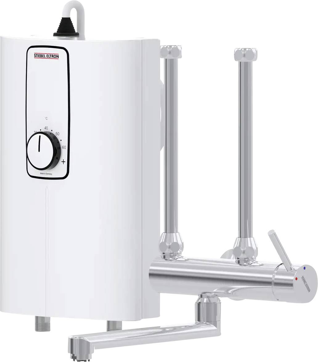 Weißer elektrischer durchlauferhitzer mit Bedienknopf und Temperaturanzeige, angebracht an verchromten Rohren und einem Wasserhahn.