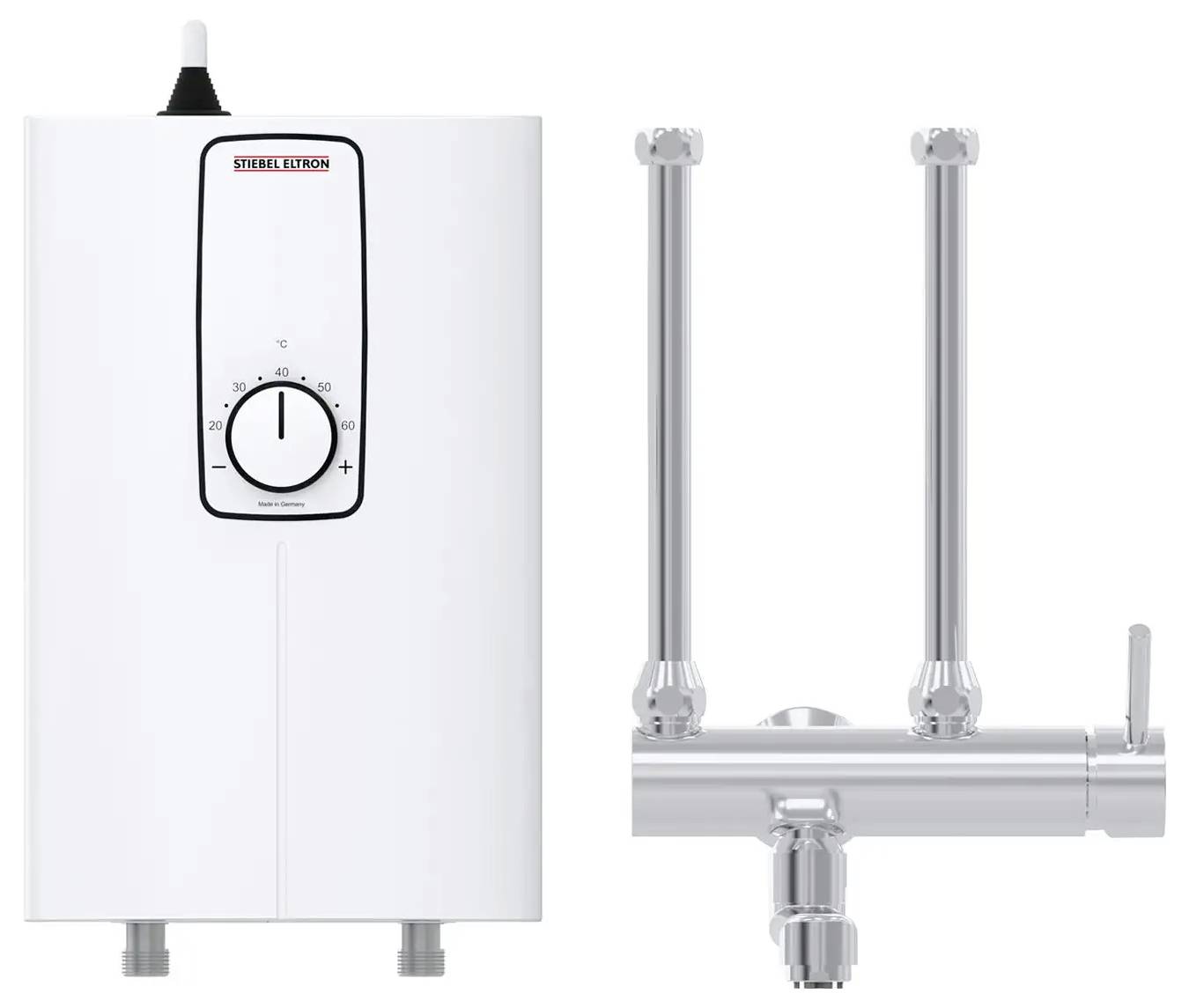 „Stiebel Eltron" Durchlauferhitzer mit Drehregler und silbernem Wasserhahn. Konzipiert für effiziente Warmwasserbereitung.