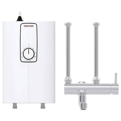 „Stiebel Eltron" Durchlauferhitzer mit Drehregler und silbernem Wasserhahn. Konzipiert für effiziente Warmwasserbereitung.