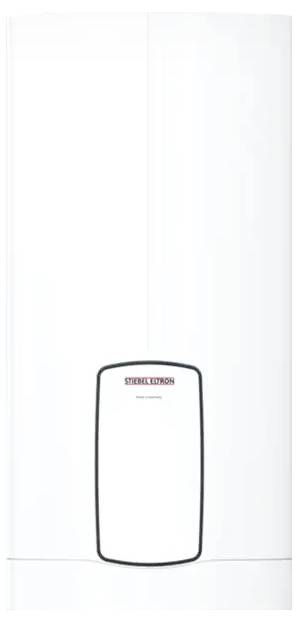 Ein weiß wandmontierter Warmwasserspeicher mit rechteckiger Frontplatte zeigt das Logo 'Stiebel Eltron' in Rot.