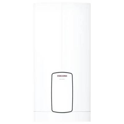 Ein weiß wandmontierter Warmwasserspeicher mit rechteckiger Frontplatte zeigt das Logo 'Stiebel Eltron' in Rot.