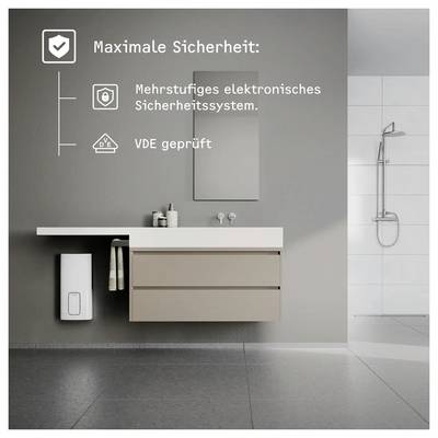 Ein modernes Badezimmer mit Duschkopf und Waschbeckenbereich. Der deutsche Text hebt die maximalen Sicherheitsmerkmale eines mehrstufigen elektronischen Sicherheitssystems hervor.