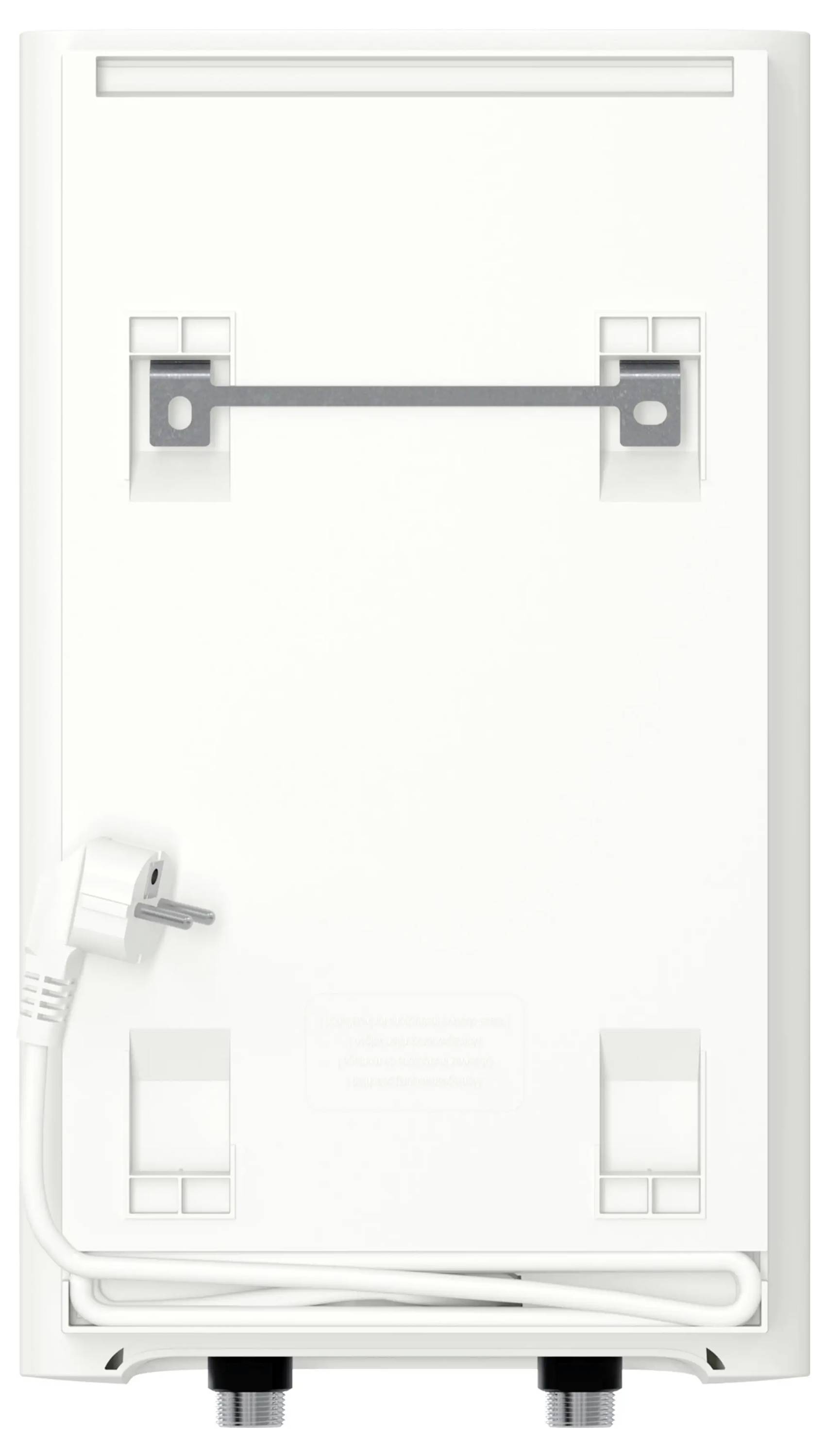 Das Bild zeigt die Rückseite eines weißen elektrischen Geräts mit einem Stecker und einer ordentlich um Befestigungen gewickelten Schnur sowie Schlitzen für die Wandmontage.