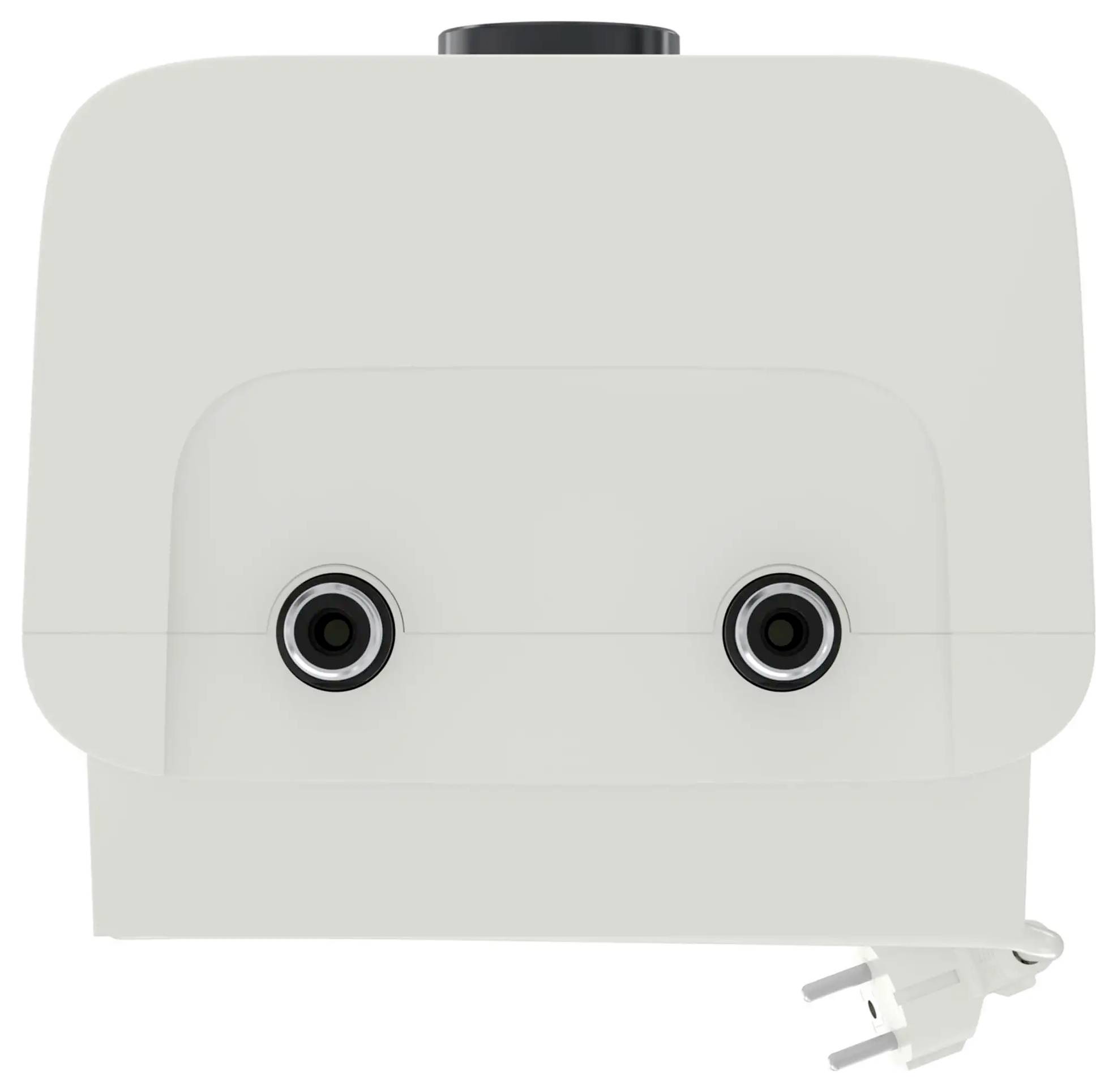 Weiße wandmontierte Geräte mit zwei Wasserverbindungsanschlüssen und einem Stromstecker. Wird zum Erhitzen von Wasser verwendet, minimalistisches Design.